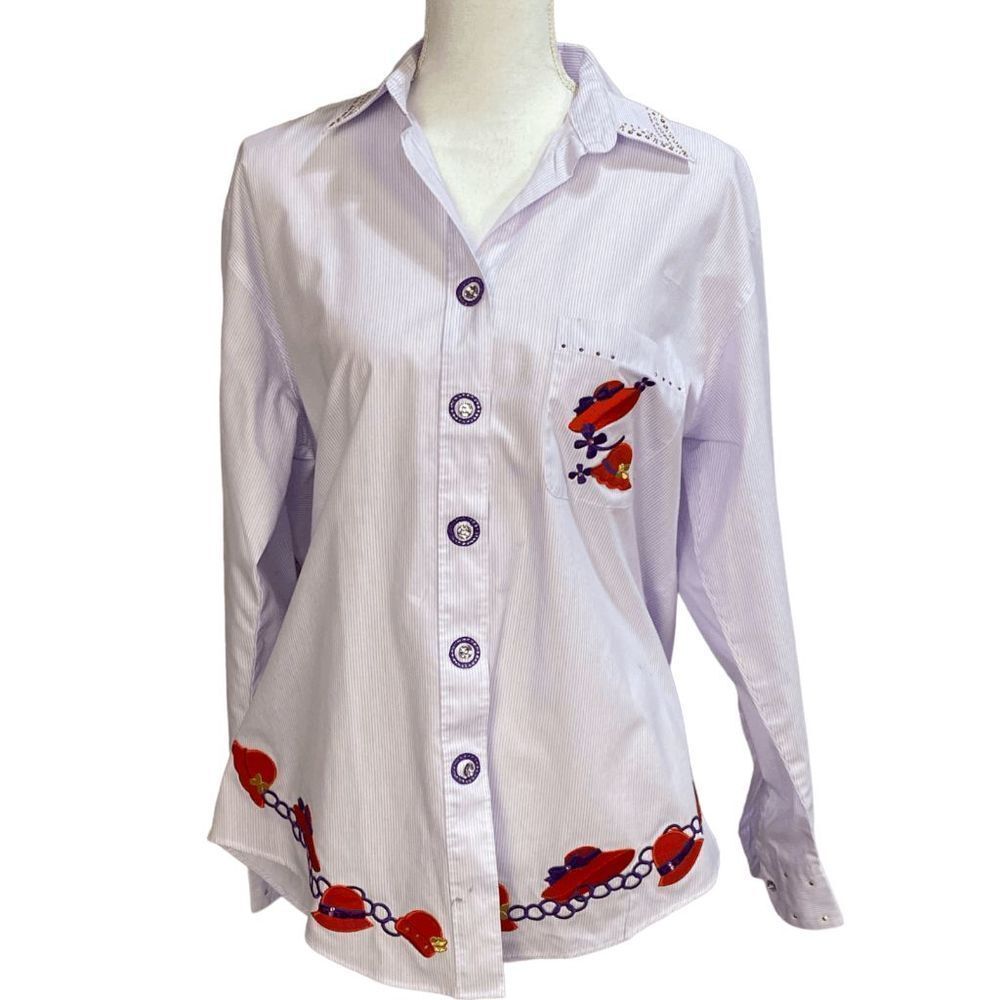 Hot Dames Belle Red Hat Society Purple Pinstripe Embroidered Blouse Womens Sz M 